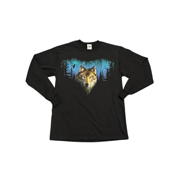 Vintage 90s Delta Magnum Weight Wolf Northern Lights Graphic Long Sleeve Tee Med - Picture 2 of 7
